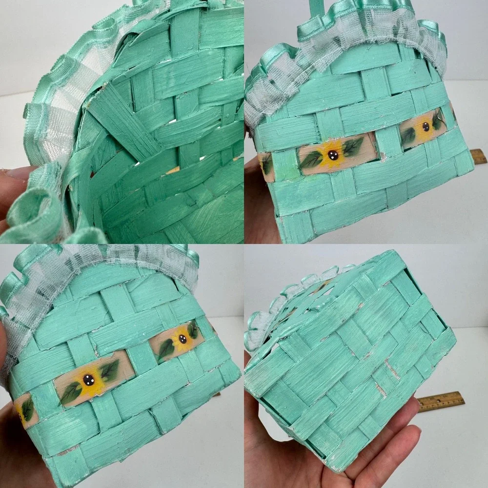 Vtg Small Mint Green Painted Woven Basket w Sunflowers Sheer Ruffle Ribbon Trim